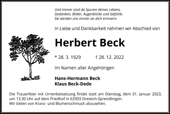 Traueranzeige von Herbert Beck von OF