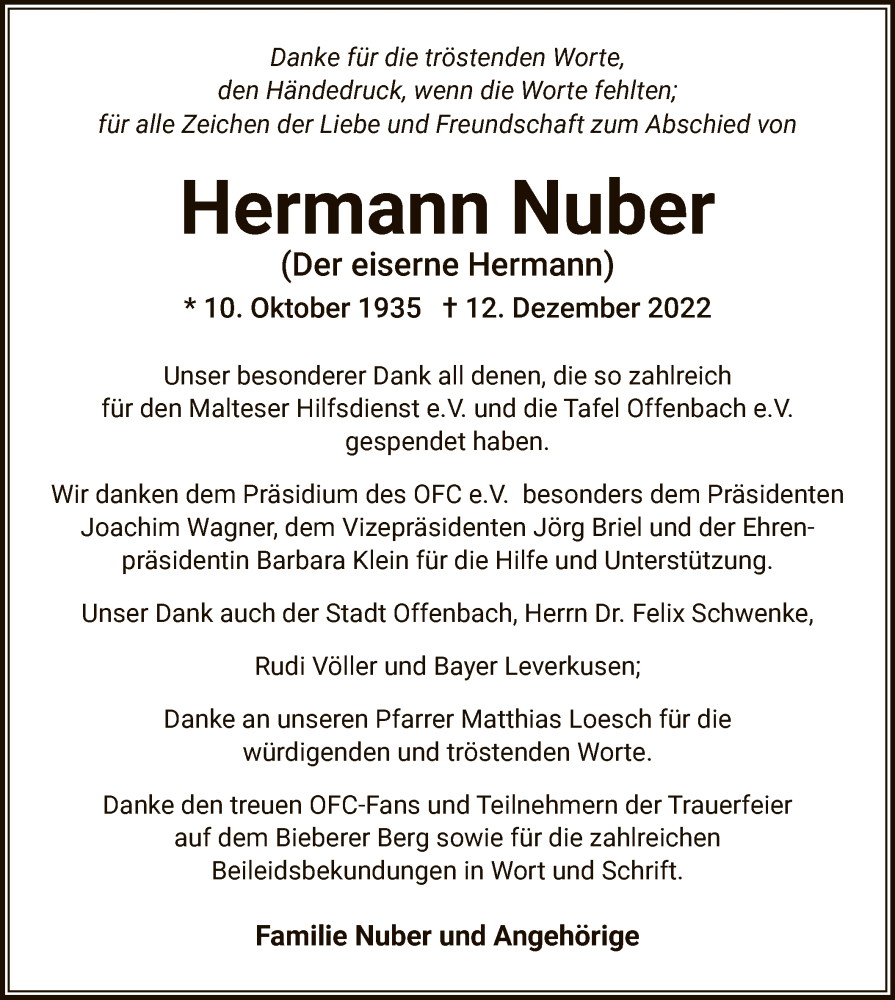  Traueranzeige für Hermann Nuber vom 21.01.2023 aus OF