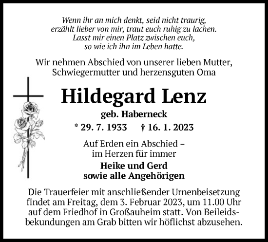 Traueranzeige von Hildegard Lenz von OF