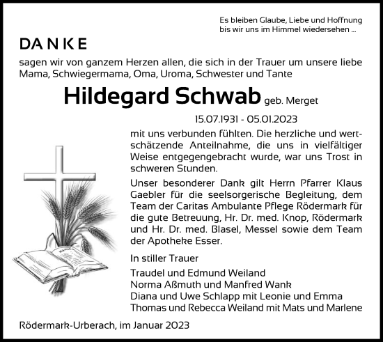 Traueranzeige von Hildegard Schwab von OF