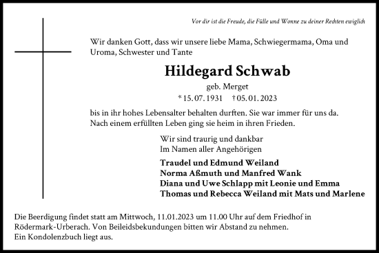 Traueranzeige von Hildegard Schwab von OF