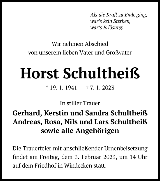 Traueranzeige von Horst Schultheiß von OF