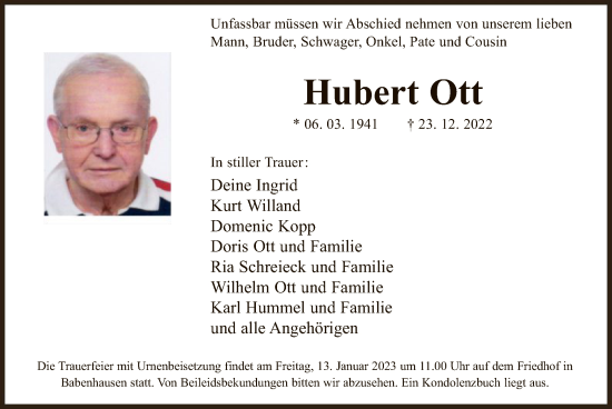 Traueranzeige von Hubert Ott von OF