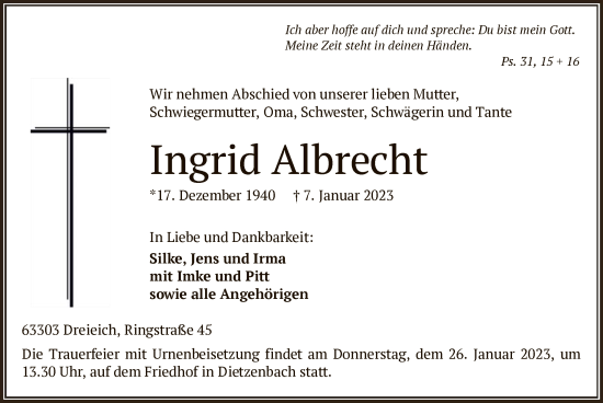 Traueranzeige von Ingrid Albrecht von OF