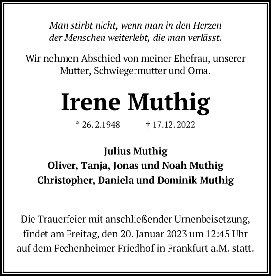 Traueranzeige von Irene Muthig von OF