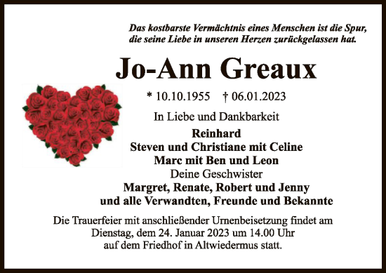 Traueranzeige von Jo-Ann Greaux von OF