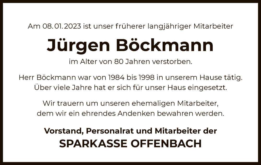  Traueranzeige für Jürgen Böckmann vom 17.01.2023 aus OF