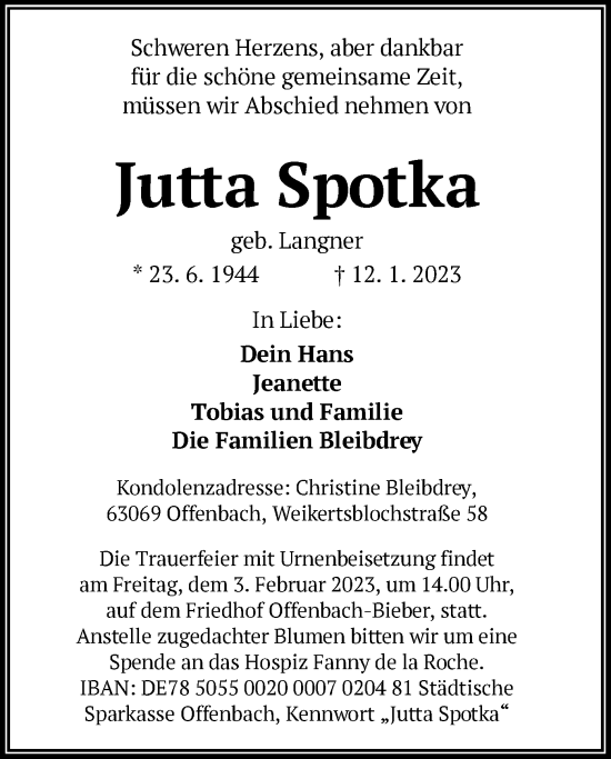 Traueranzeige von Jutta Spotka von OF