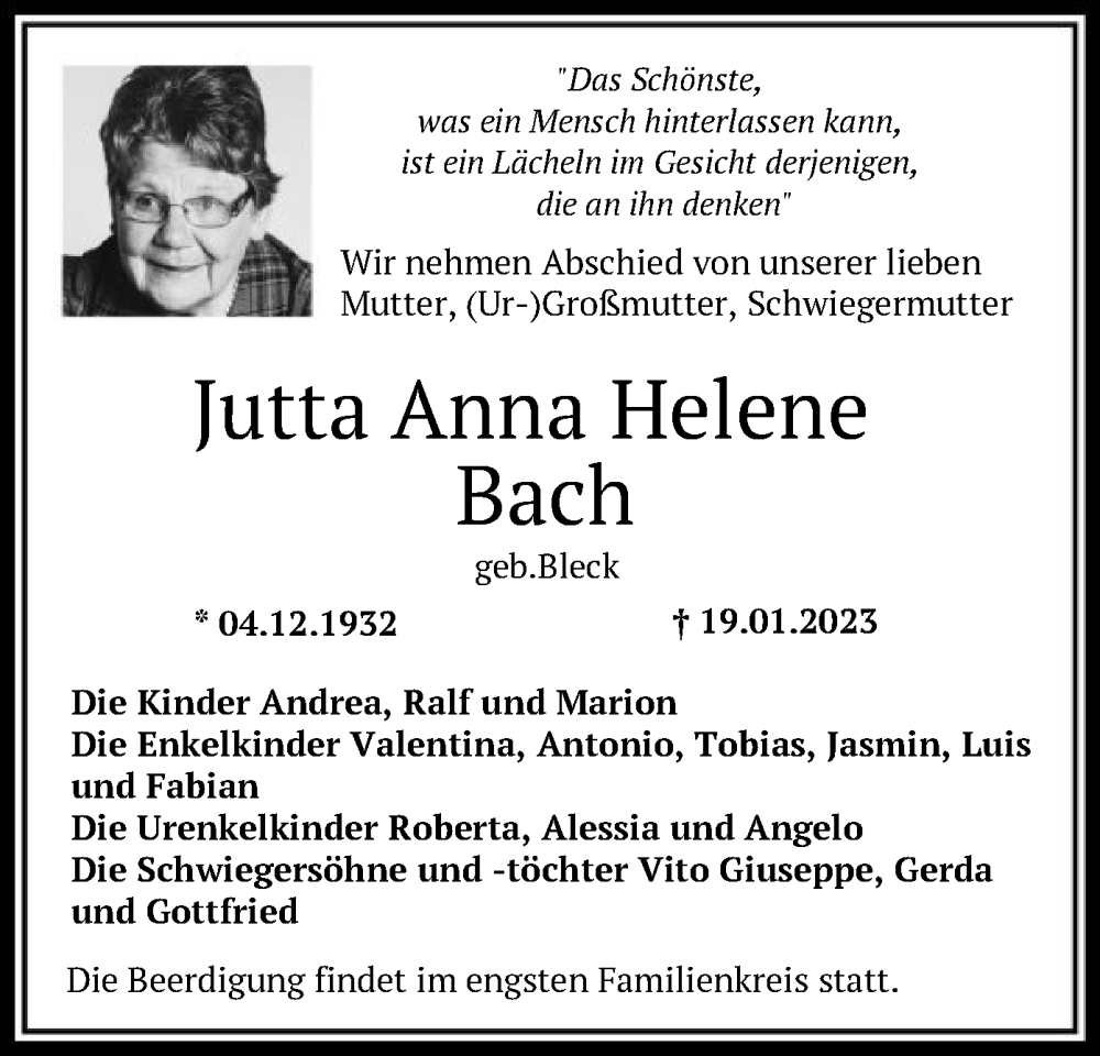 Traueranzeige für Jutta Anna Helene Bach vom 21.01.2023 aus OF