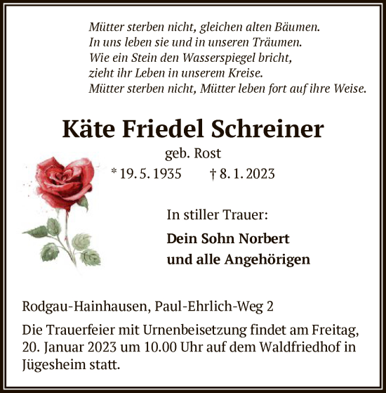 Traueranzeige von Käte Friedel Schreiner von OF