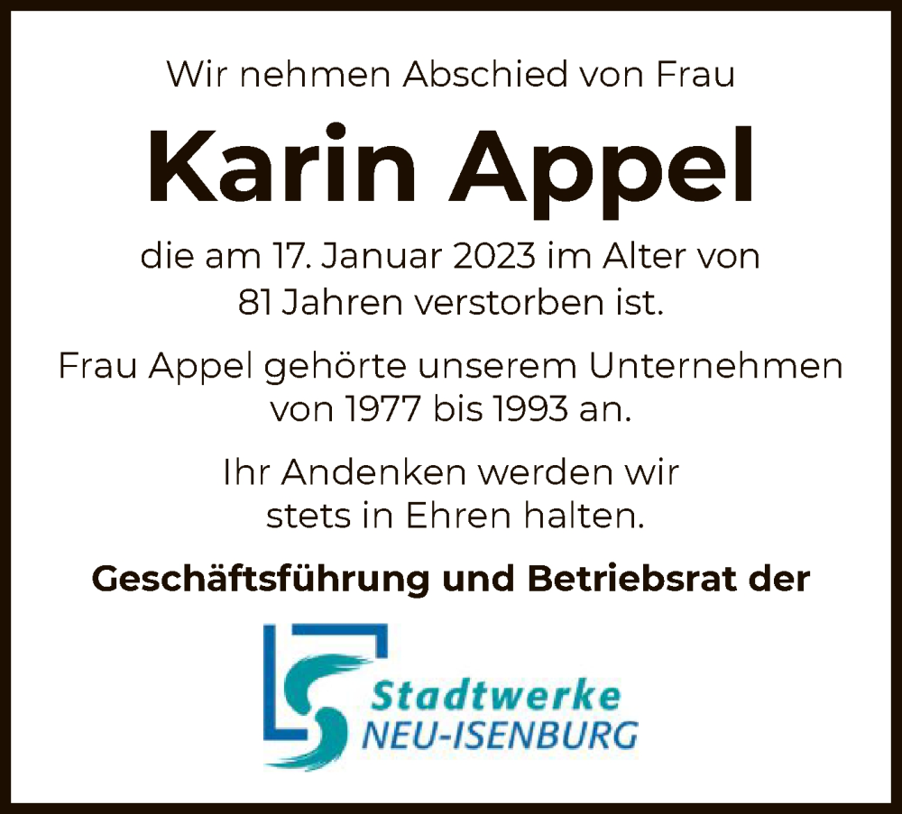  Traueranzeige für Karin Appel vom 26.01.2023 aus OF