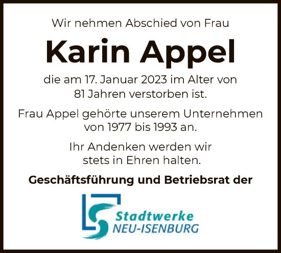 Traueranzeige von Karin Appel von OF