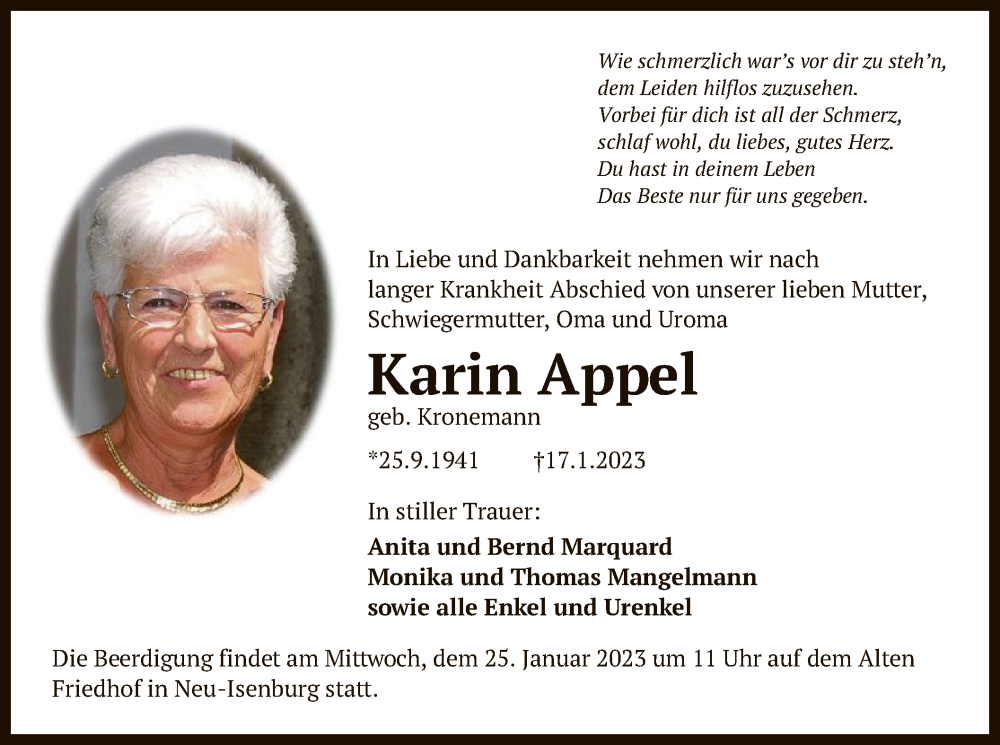  Traueranzeige für Karin Appel vom 21.01.2023 aus OF