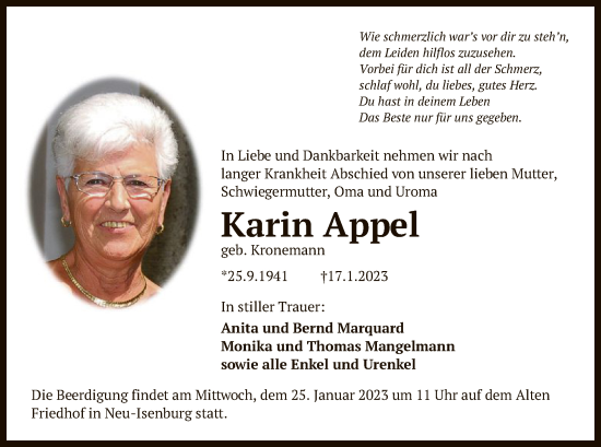 Traueranzeige von Karin Appel von OF