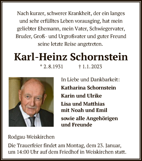 Traueranzeige von Karl-Heinz Schornstein von OF