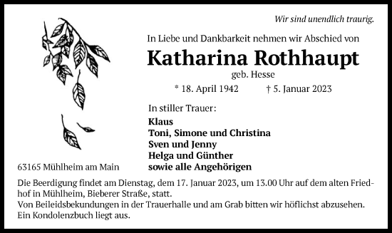 Traueranzeige von Katharina Rothhaupt von OF