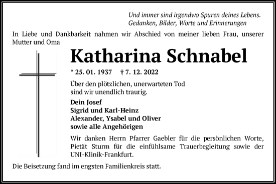 Traueranzeige von Katharina Schnabel von OF