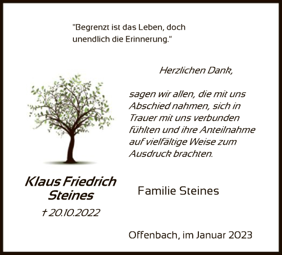 Traueranzeige von Klaus Friedrich Steines von OF