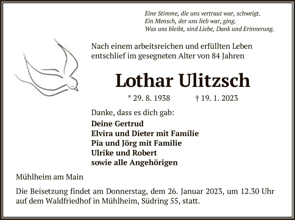  Traueranzeige für Lothar Ulitzsch vom 25.01.2023 aus OF