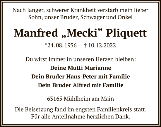 Traueranzeige von Manfred Pliquett von OF