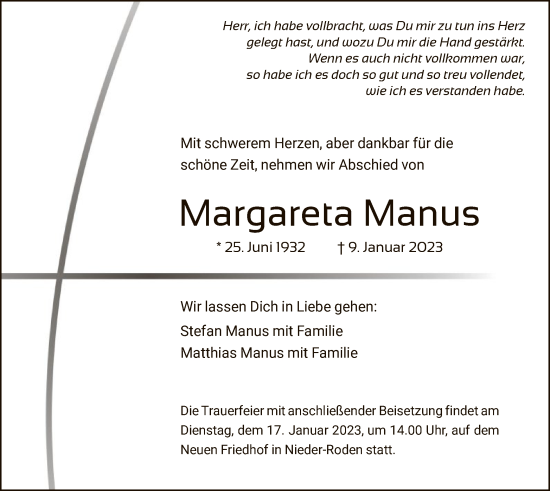 Traueranzeige von Margareta Manus von OF