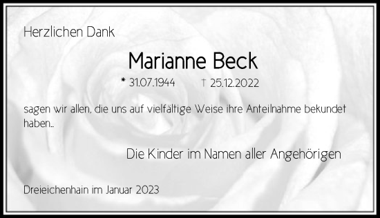 Traueranzeige von Marianne Beck von OF