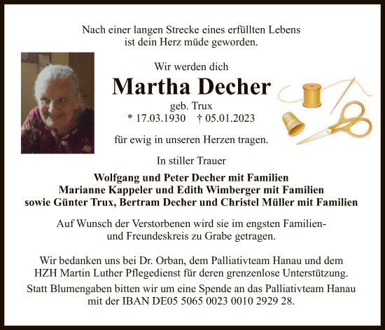 Traueranzeige von Martha Decher von OF