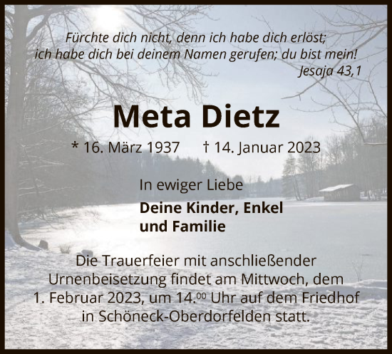 Traueranzeige von Meta Dietz von OF