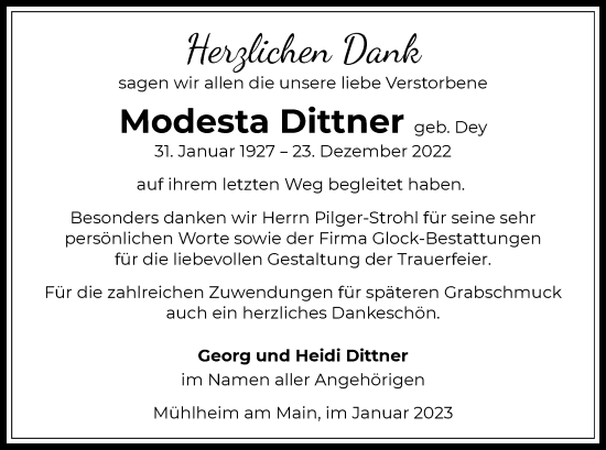 Traueranzeige von Modesta Dittner von OF