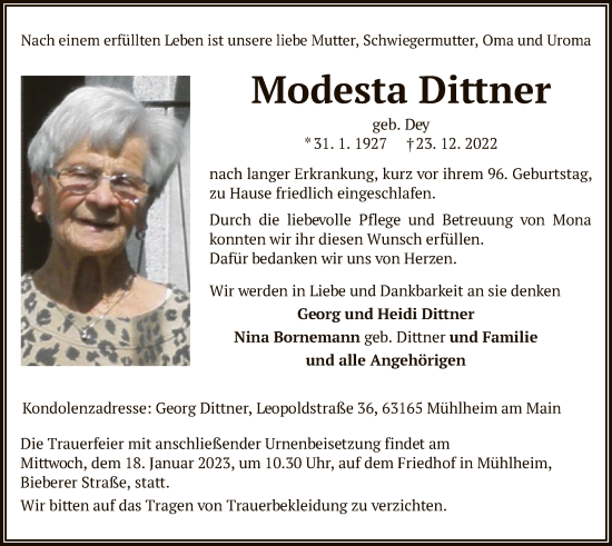 Traueranzeige von Modesta Dittner von OF