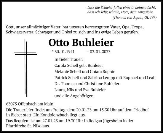 Traueranzeige von Otto Buhleier von OF