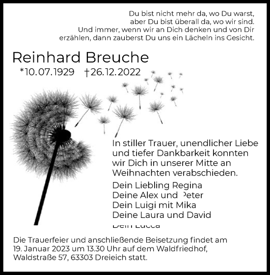 Traueranzeige von Reinhard Breuche von OF