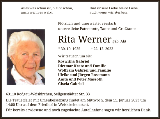 Traueranzeige von Rita Werner von OF