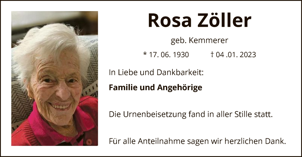  Traueranzeige für Rosa Zöller vom 25.01.2023 aus OF