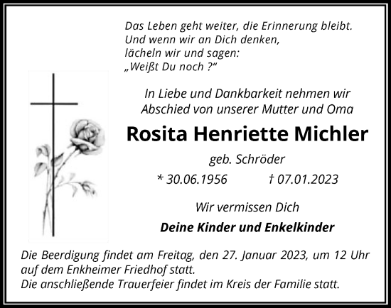 Traueranzeige von Rosita Henriette Michler von OF