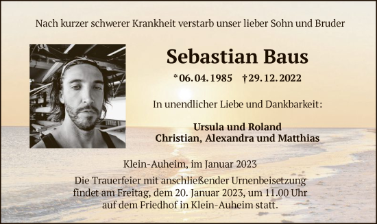 Traueranzeige von Sebastian Baus von OF