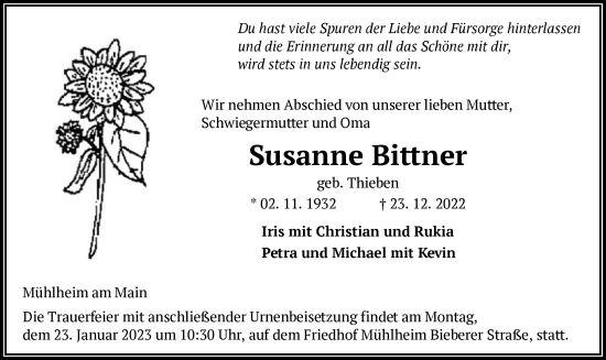 Traueranzeige von Susanne Bittner von OF