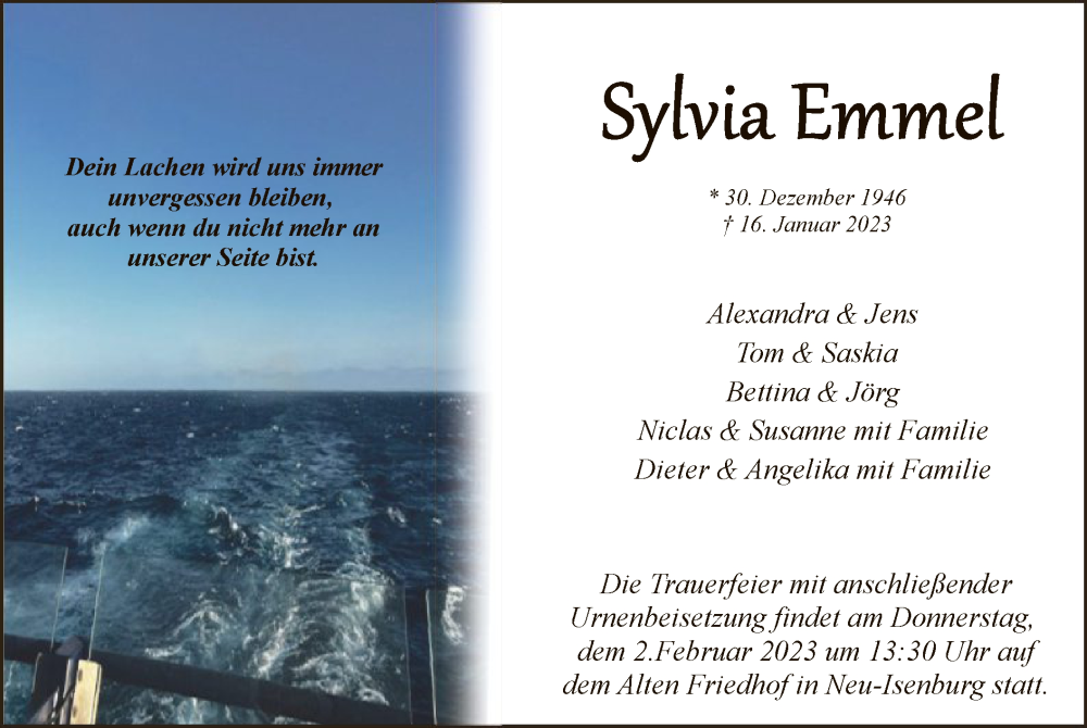  Traueranzeige für Sylvia Emmel vom 26.01.2023 aus OF