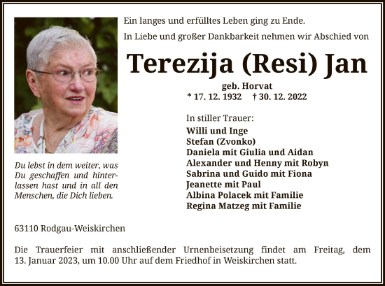 Traueranzeige von Terezija Jan von OF