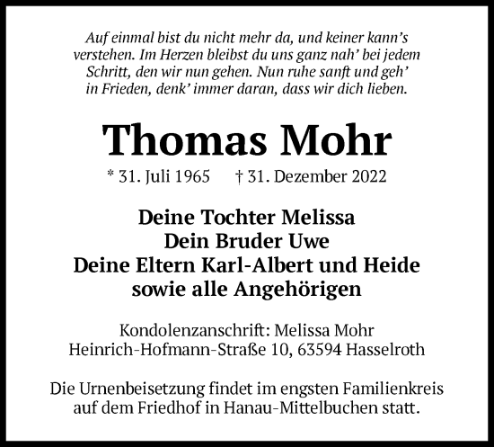 Traueranzeige von Thomas Mohr von OF