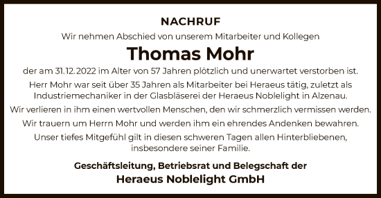 Traueranzeige von Thomas Mohr von OF