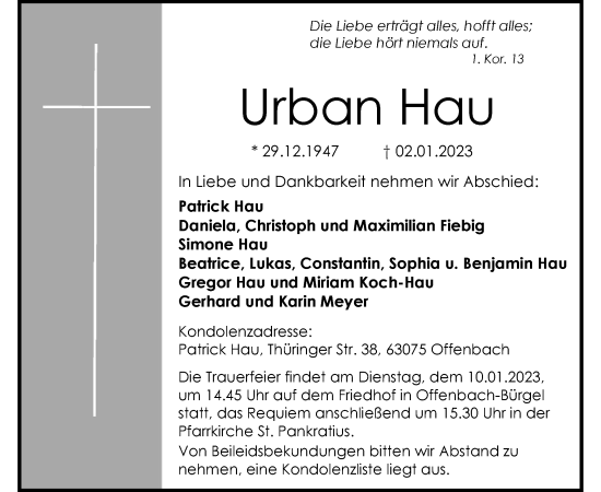 Traueranzeige von Urban Hau von OF