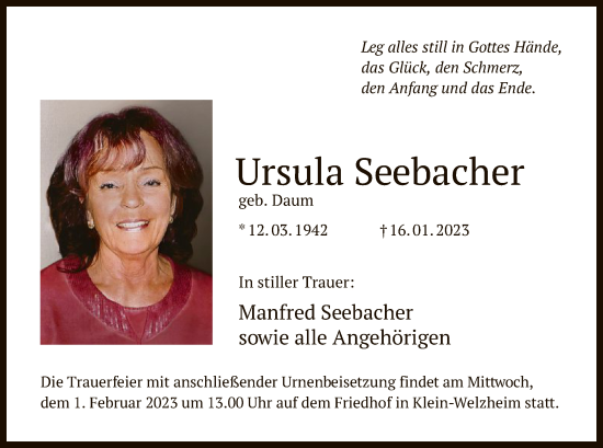 Traueranzeige von Ursula Seebacher von OF