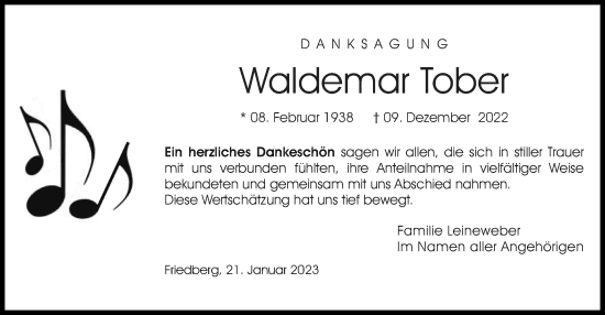 Traueranzeige von Waldemar Tober von OF