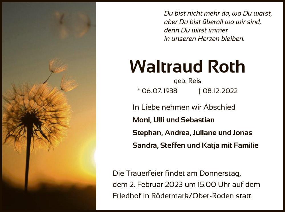  Traueranzeige für Waltraud Roth vom 25.01.2023 aus OF