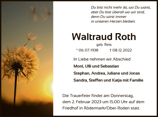 Traueranzeige von Waltraud Roth von OF