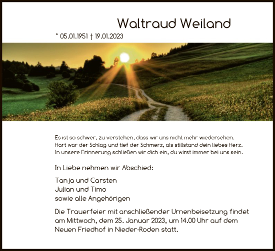 Traueranzeige von Waltraud Weiland von OF