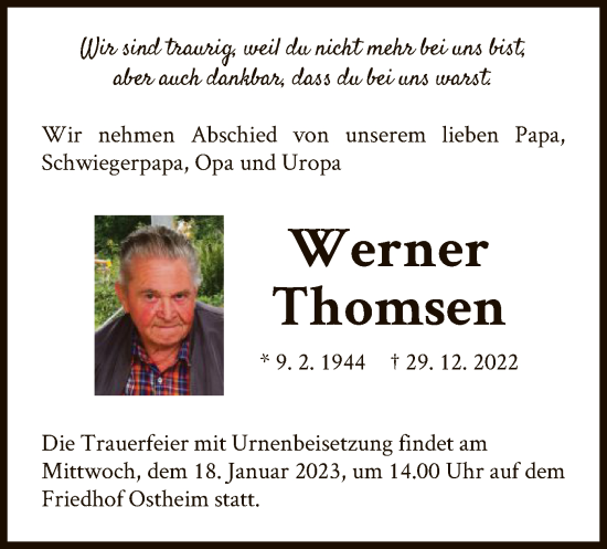 Traueranzeige von Werner Thomsen von OF