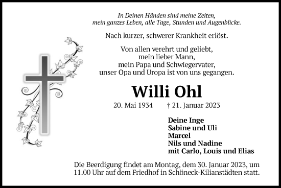 Traueranzeige von Willi Ohl von OF