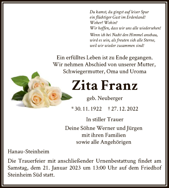 Traueranzeige von Zita Franz von OF